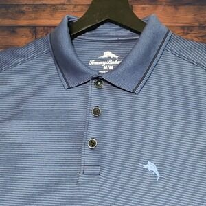 Tommy Bahama Striped Festival Polo Shirt Men's Medium Blue Cotton Blend NWOT